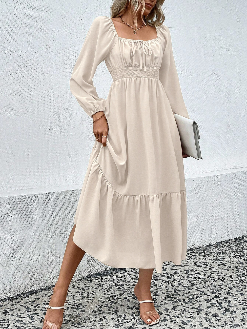 ZARA Spring Summer Square Neck Long Sleeve Belted Flared Maxi Work Dress